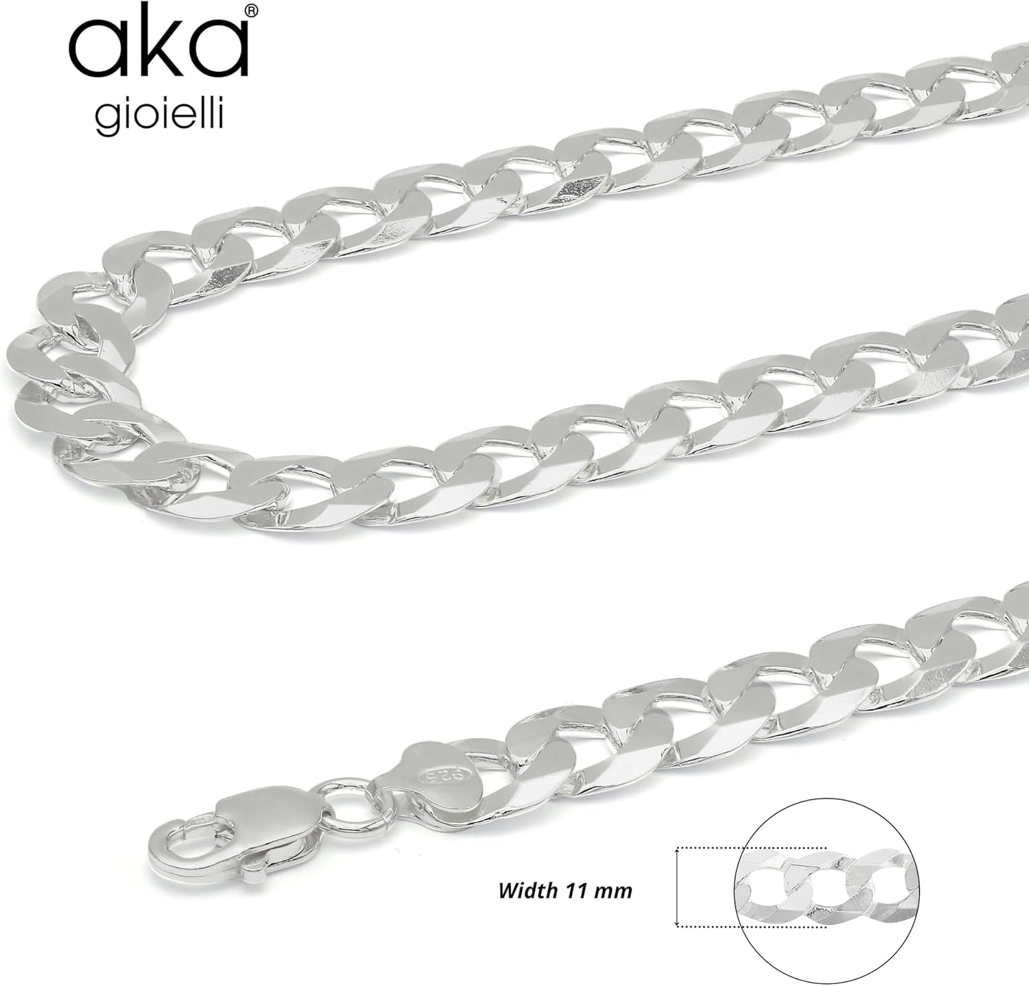 Aka Gioielli - Italian 925 Sterling Silver 11mm Curb Cuban Link Chain - Solid Sterling Silver Necklace for Men and Women - Made in Italy